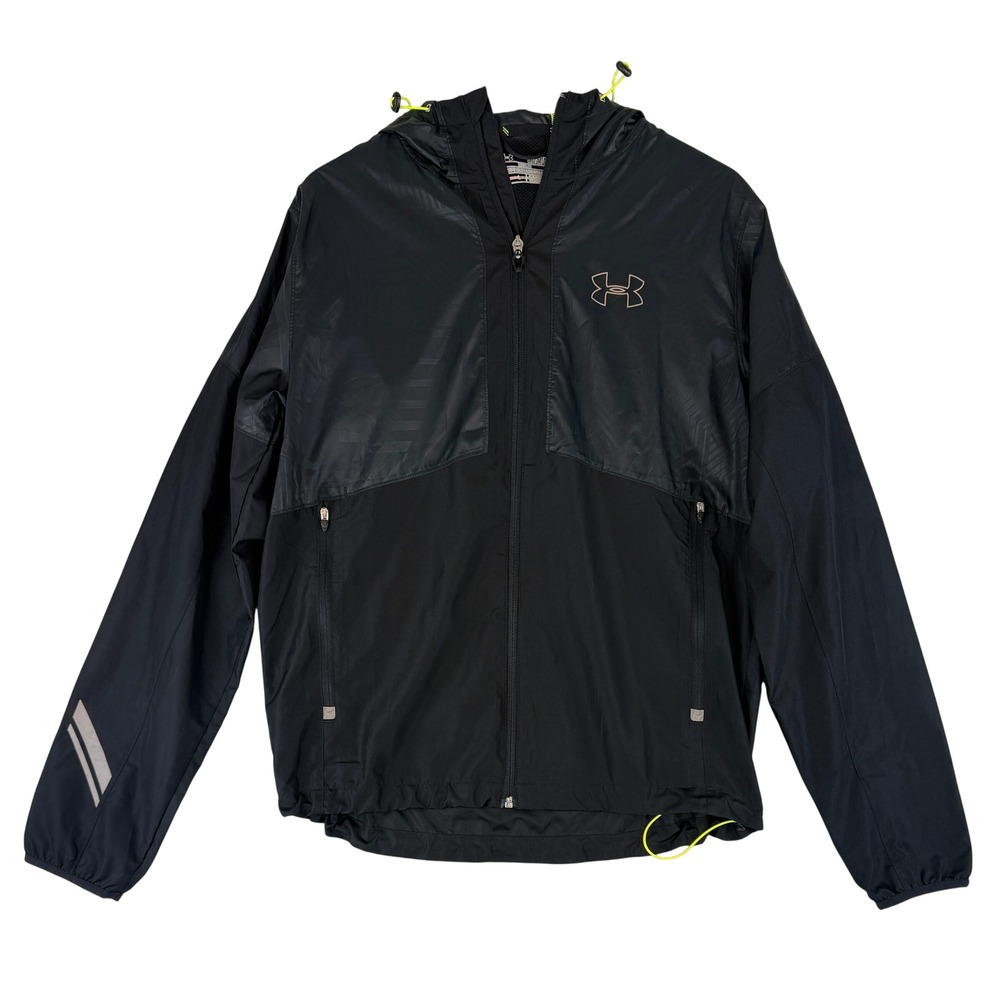 Under Armour Windbreaker Jacket Mens Medium Black Hooded Reflective 1232631